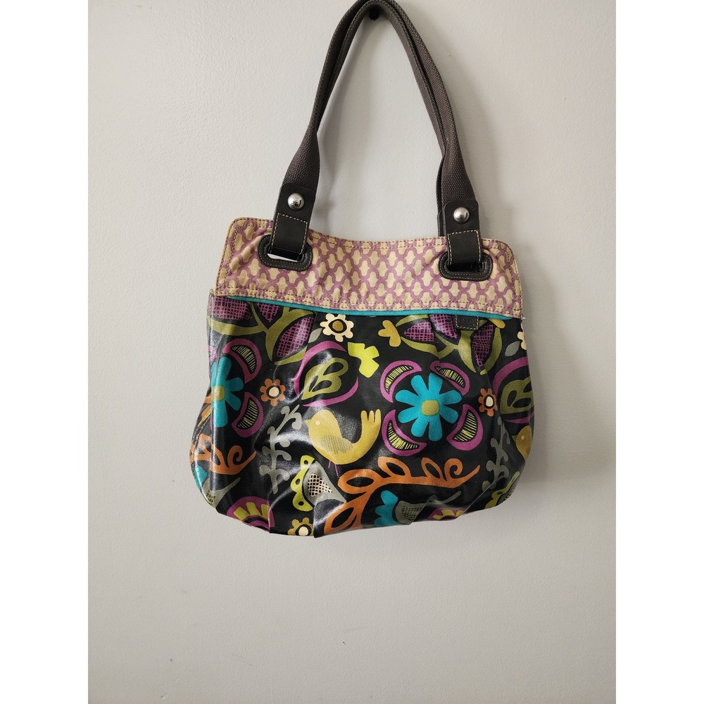 Fossil Key-Per Coated Canvas Tote Bag Floral Bird Print Multi-Color Black